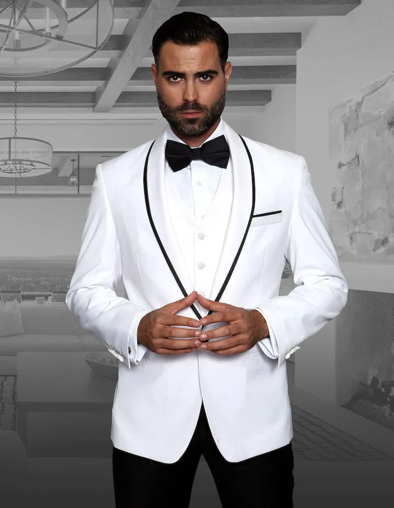 3pc Black Tuxedo Flat Front Pants With Bow Tie| GENOVA| White