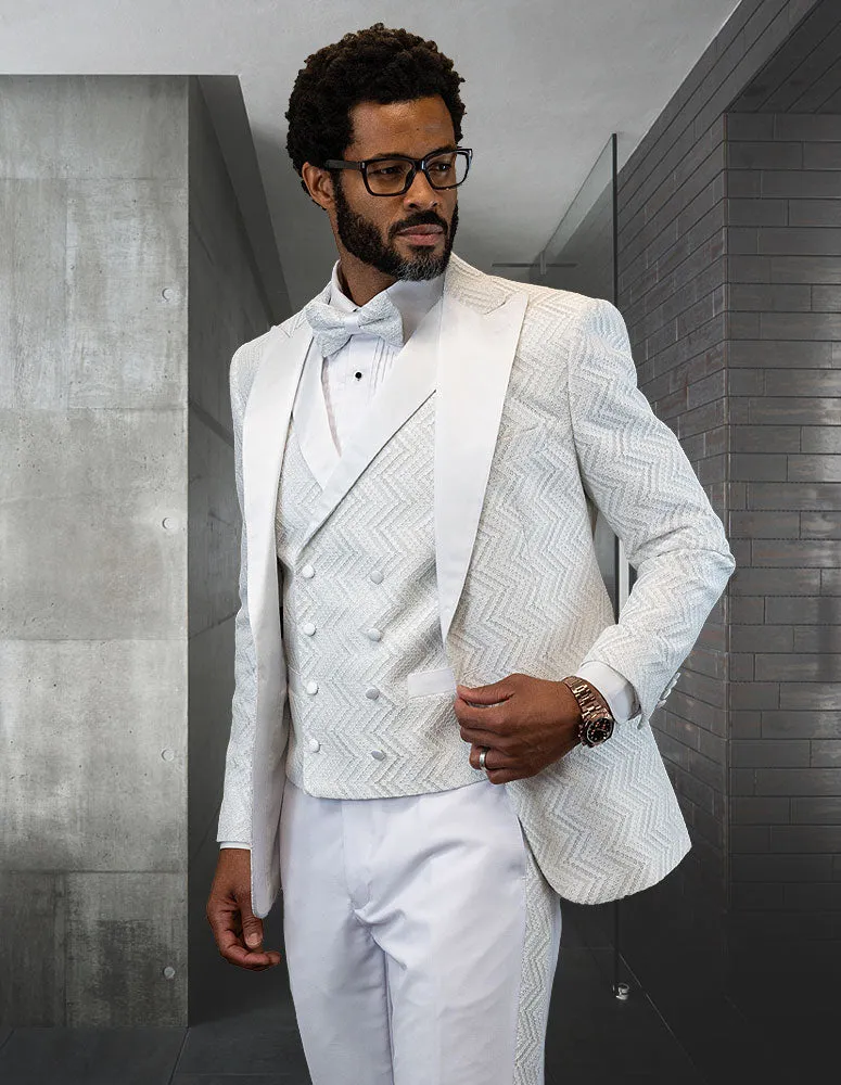 3pc Peak Lapel White Tuxedo With Side Seam Trim On Pants. Including Bow Tie| MIRAGE| White