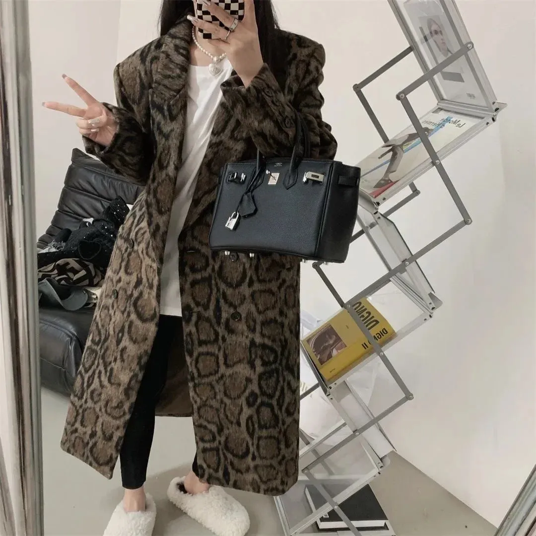 Advbridge Double-breasted leopard print suit woolen coat for women 2024 winter new style loose silhouette mid-length woolen coat trendy