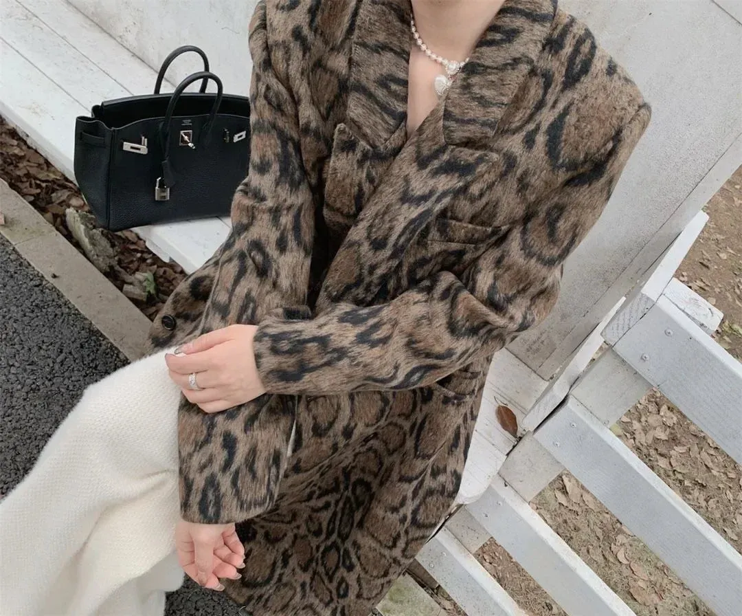 Advbridge Double-breasted leopard print suit woolen coat for women 2024 winter new style loose silhouette mid-length woolen coat trendy