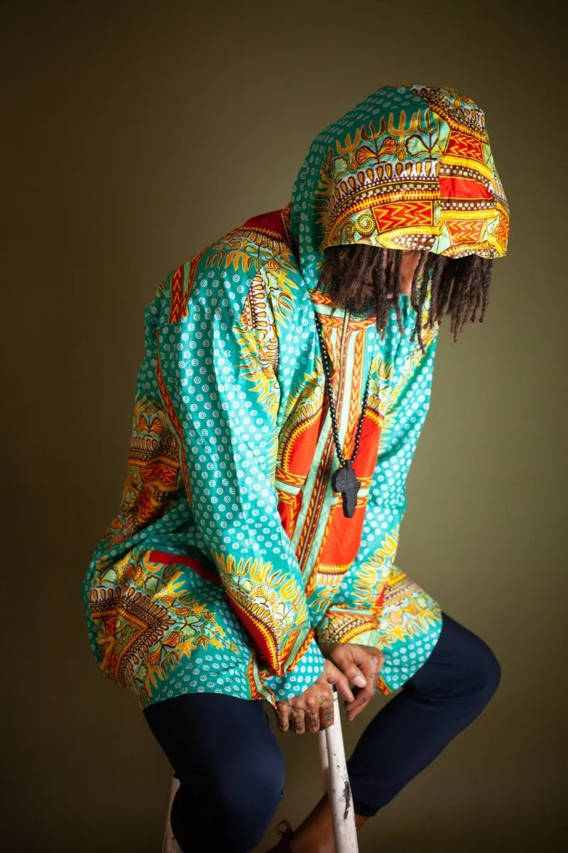 African Hooded Jacket In Turquoise Dashiki