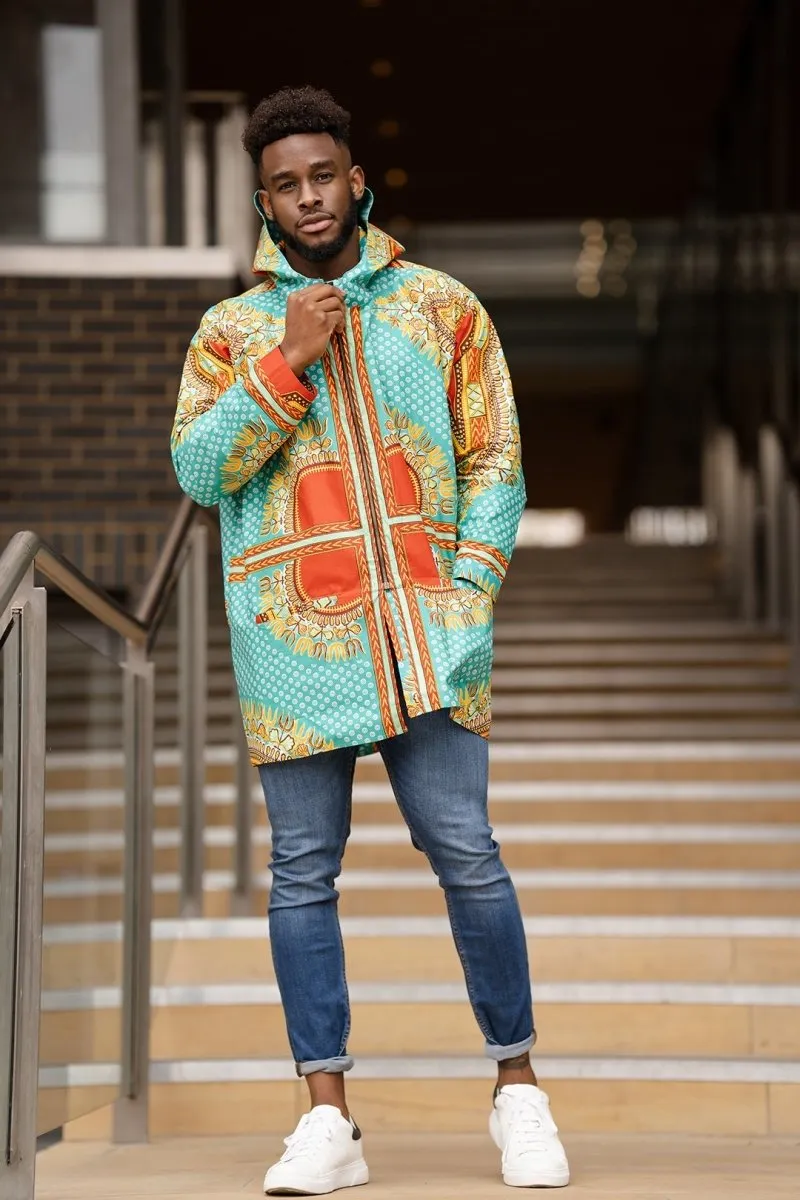 African Hooded Jacket In Turquoise Dashiki