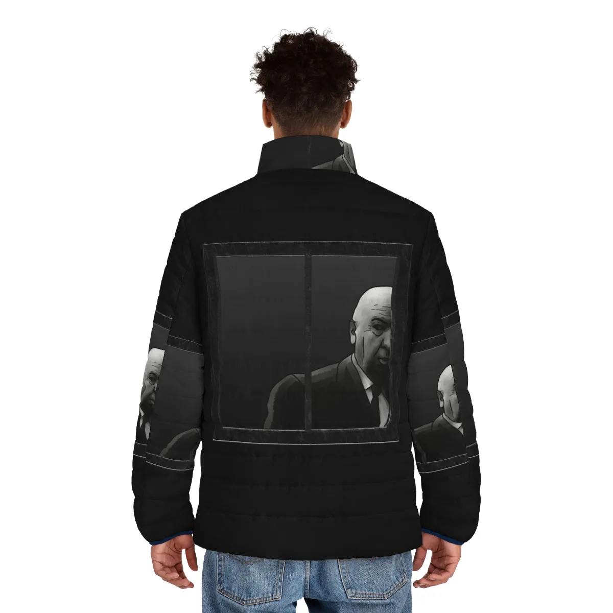 Alfred Hitchcock Inspired Puffer Jacket | Graphic B&W Fan Art