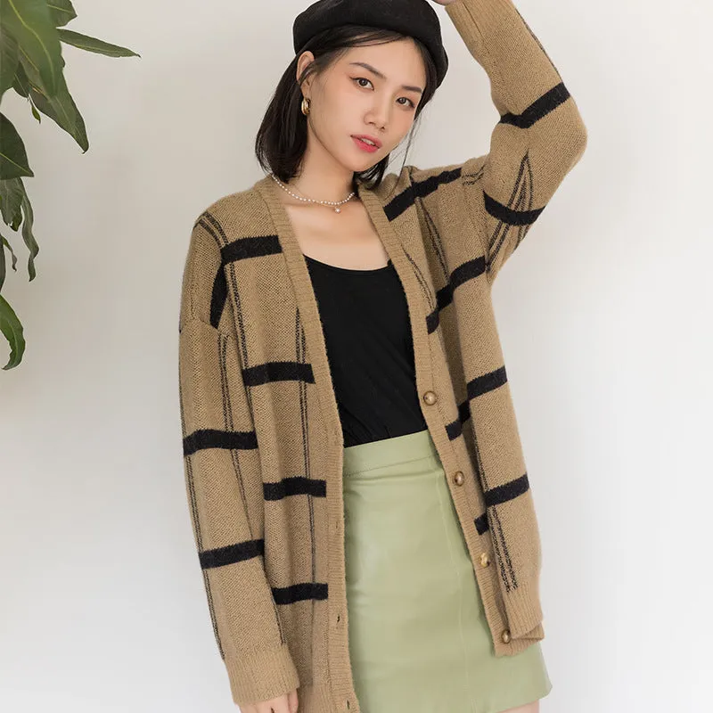 Amozae business casual outfits Autumn and Winter New Mid-Length Wool Sweater Coat Striped Sweater Wool Cardigan Women's Processing Customization Small Batch