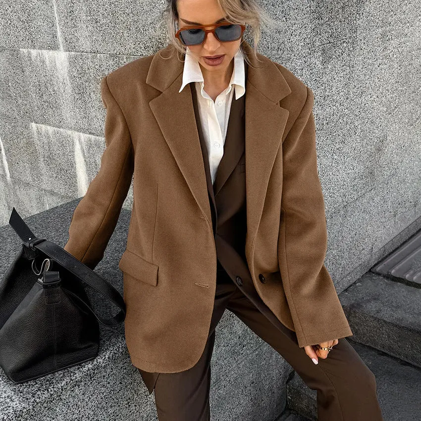 Amozae suit Brown Woolen Overcoat for Women 2024 Winter French Retro Loose Thickened Casual Suit Jacket Old Money Style Wear