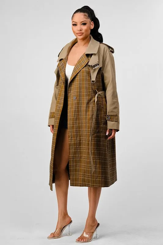 ATHINA PLAID AND KHAKI CONTRAST TRENCH COAT