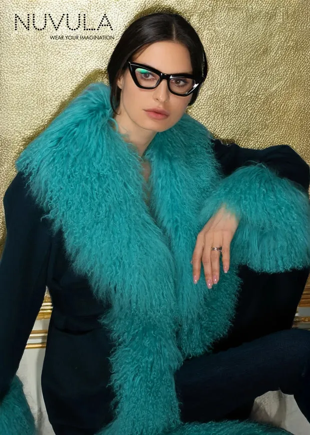 Aw Wool Cashmere Coat - Turquoise Mongolian Shearling Collar