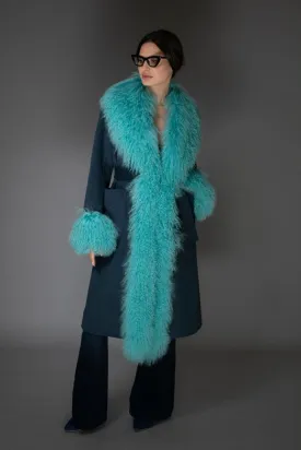 Aw Wool Cashmere Coat - Turquoise Mongolian Shearling Collar