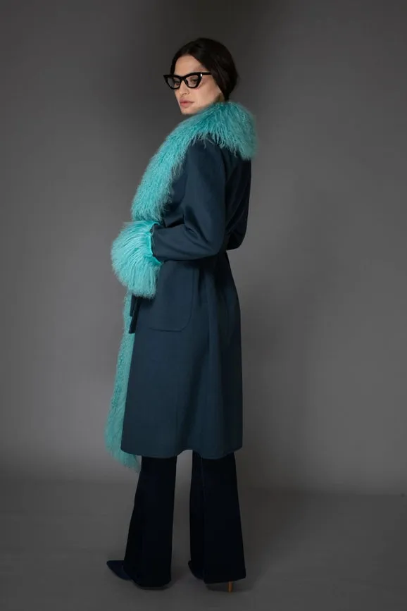 Aw Wool Cashmere Coat - Turquoise Mongolian Shearling Collar