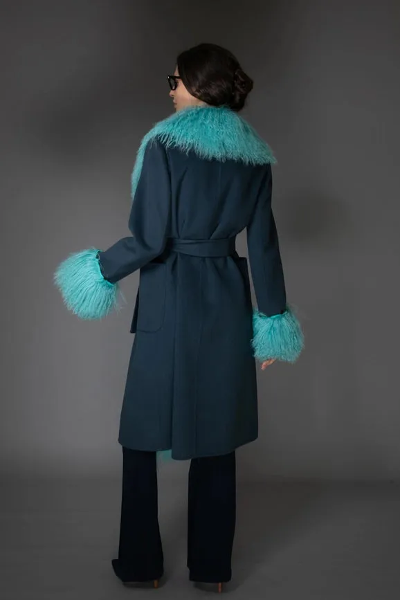 Aw Wool Cashmere Coat - Turquoise Mongolian Shearling Collar