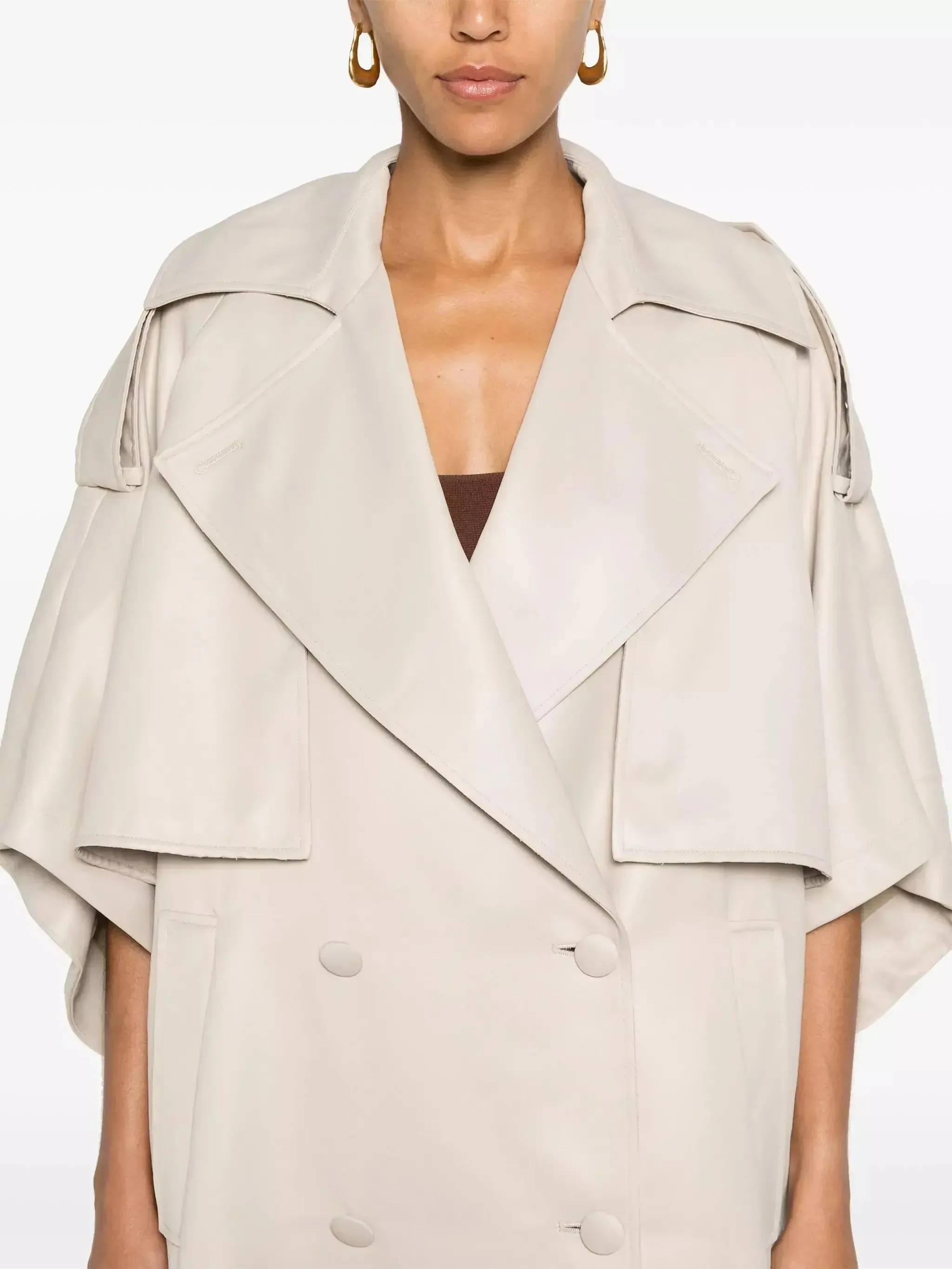 Beige Double-Breasted Short-Sleeve Cape Trench Coat