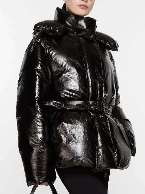 Belted Black Shiny Hooded Down Jacket