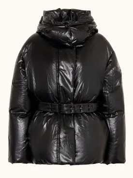 Belted Black Shiny Hooded Down Jacket