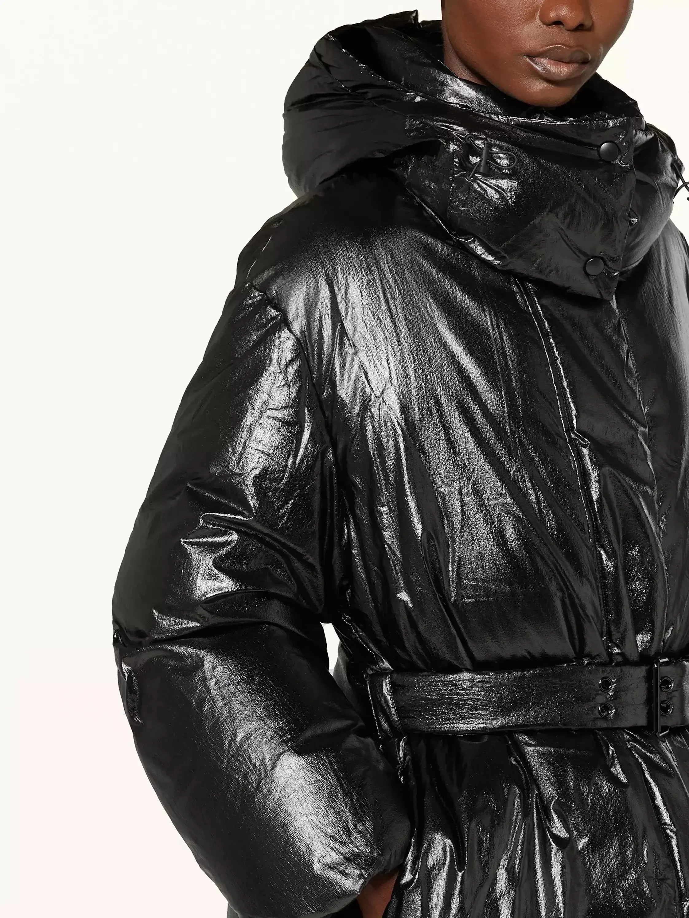 Belted Black Shiny Hooded Down Jacket