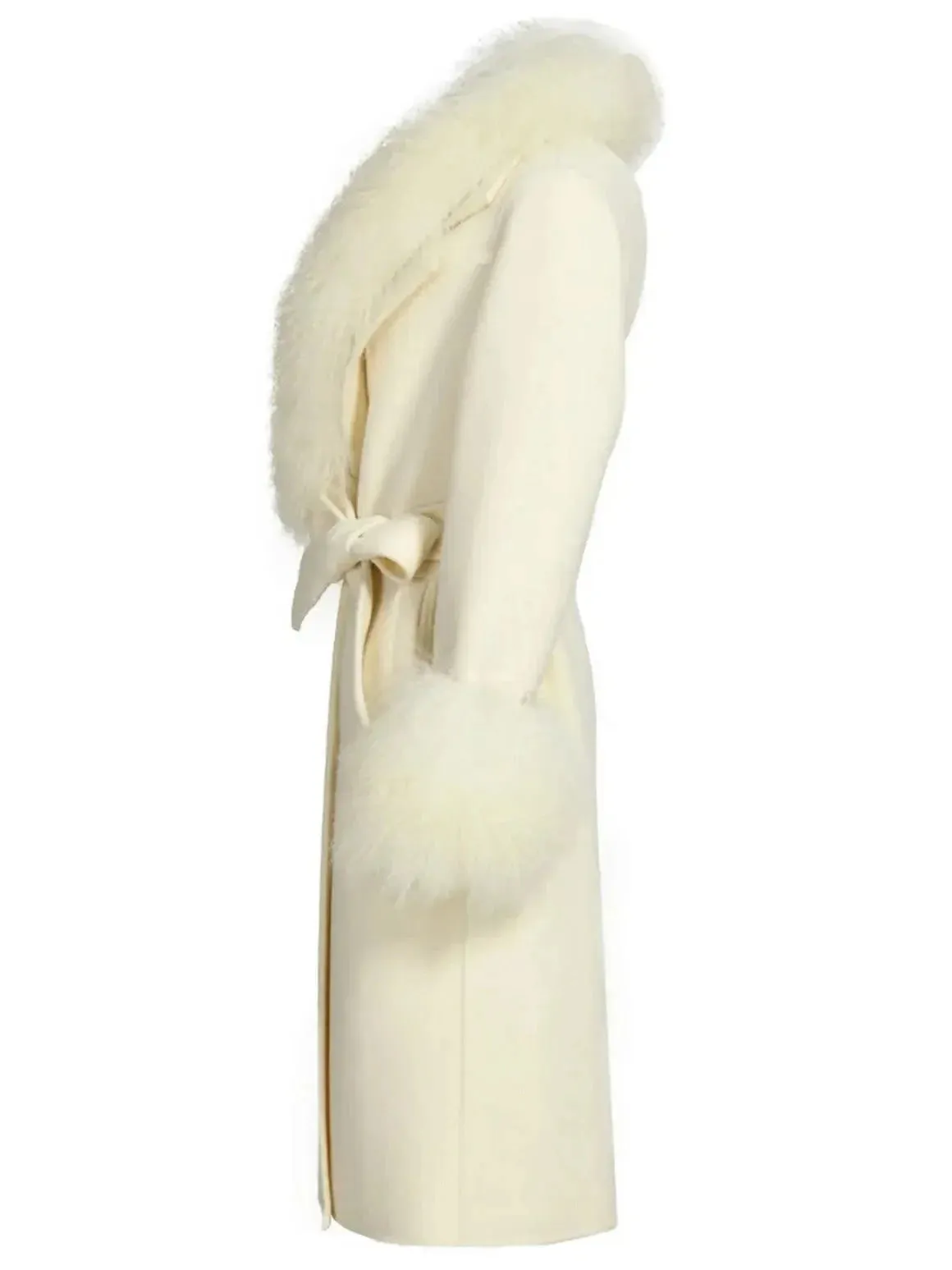 Belted Lambswool/Shearling Wool Cashmere Coat, White