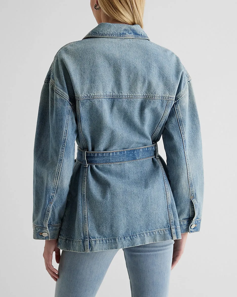 Belted Light Wash Denim Jacket in Light Wash