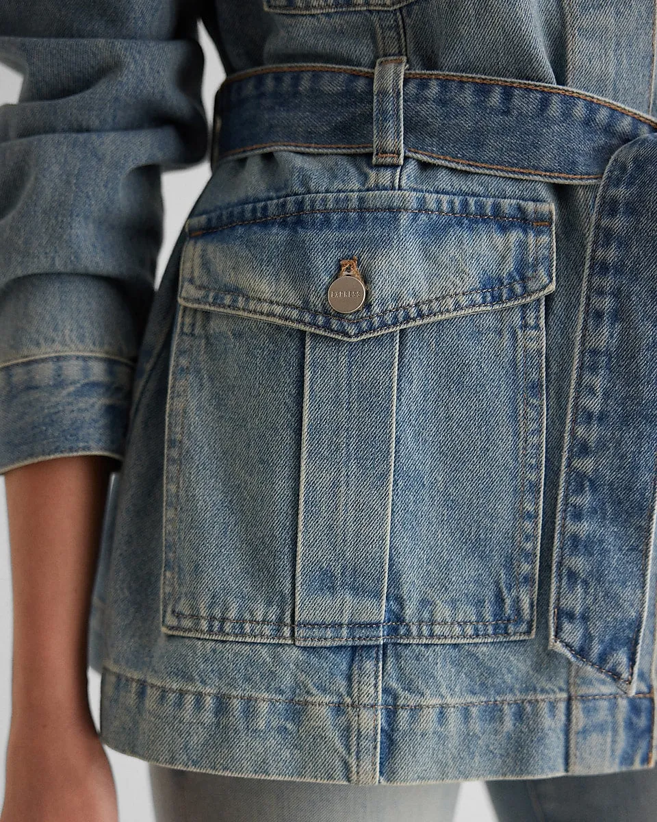 Belted Light Wash Denim Jacket in Light Wash