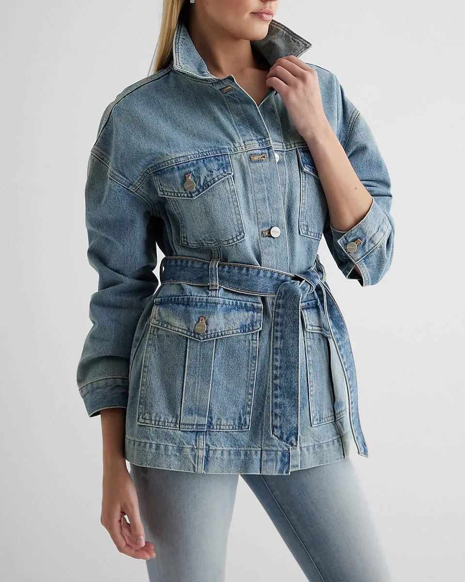 Belted Light Wash Denim Jacket in Light Wash