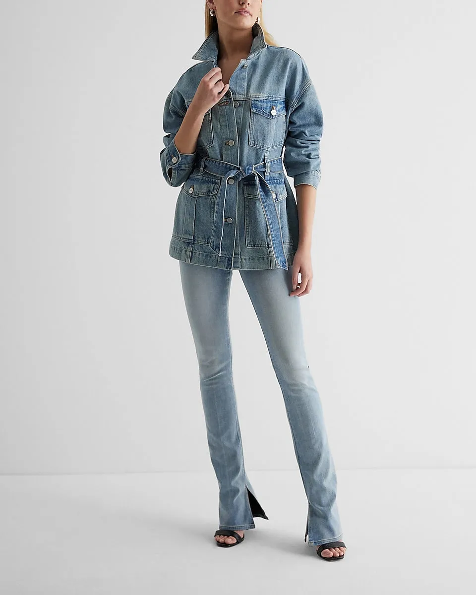 Belted Light Wash Denim Jacket in Light Wash