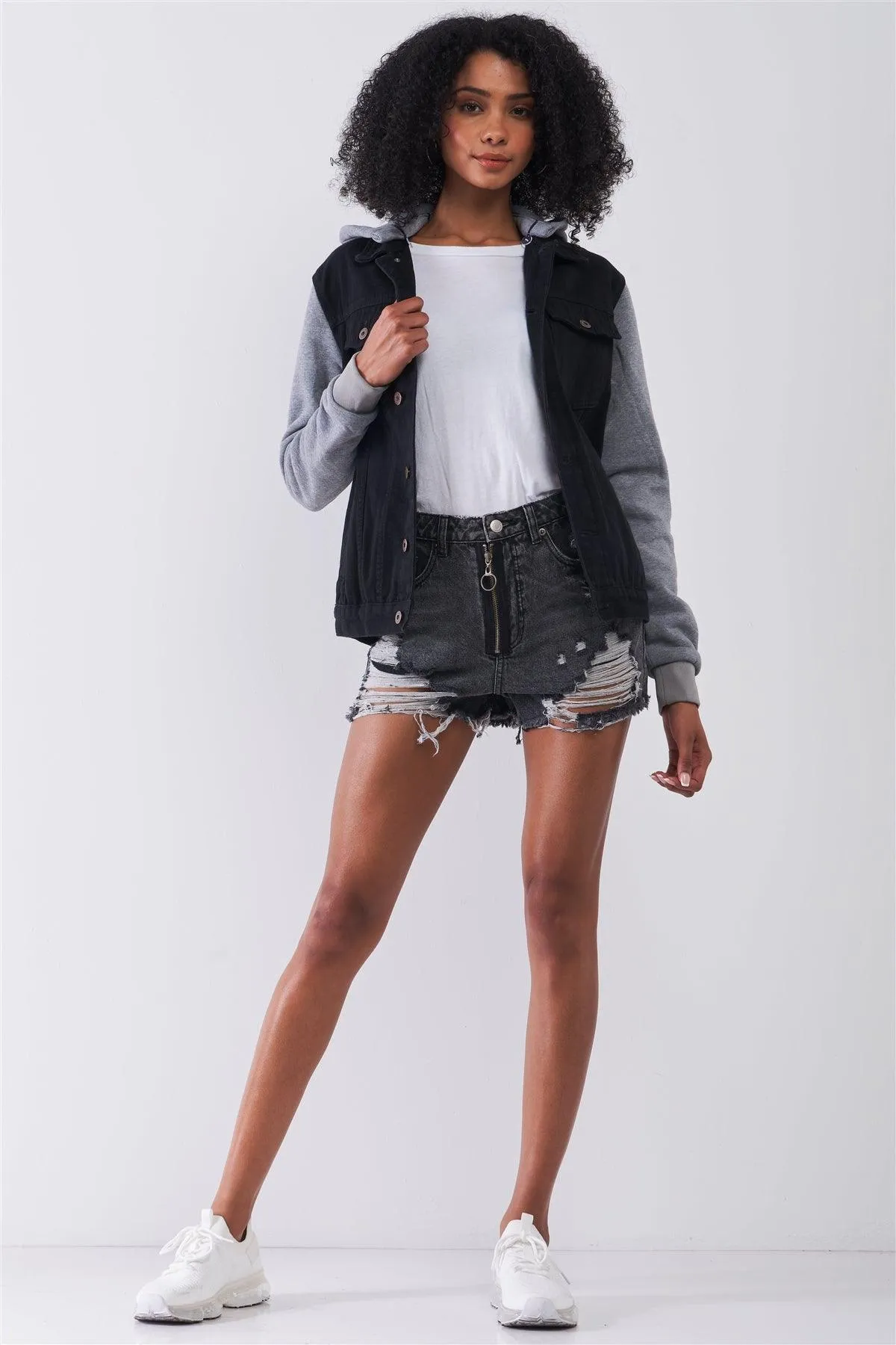 Black & Heather Grey Combo Hooded Long Sleeve Denim Jacket /1-1-2-1