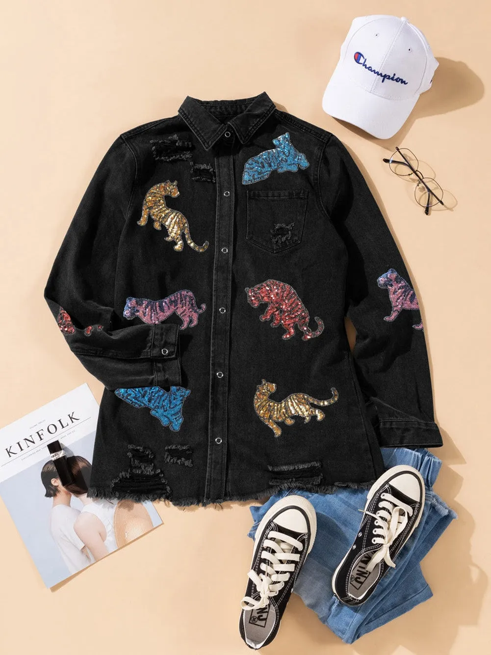 Black Denim Jacket with Multicolored Tiger Sequins