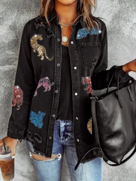 Black Denim Jacket with Multicolored Tiger Sequins