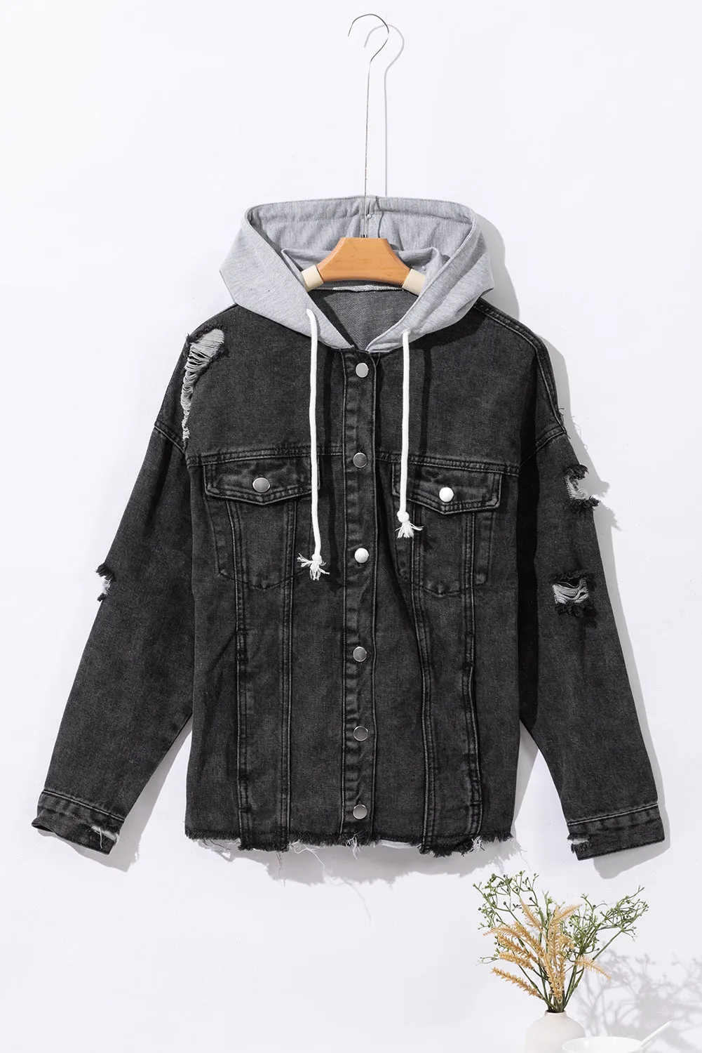 Black Drawstring Hooded Frayed Denim Jacket