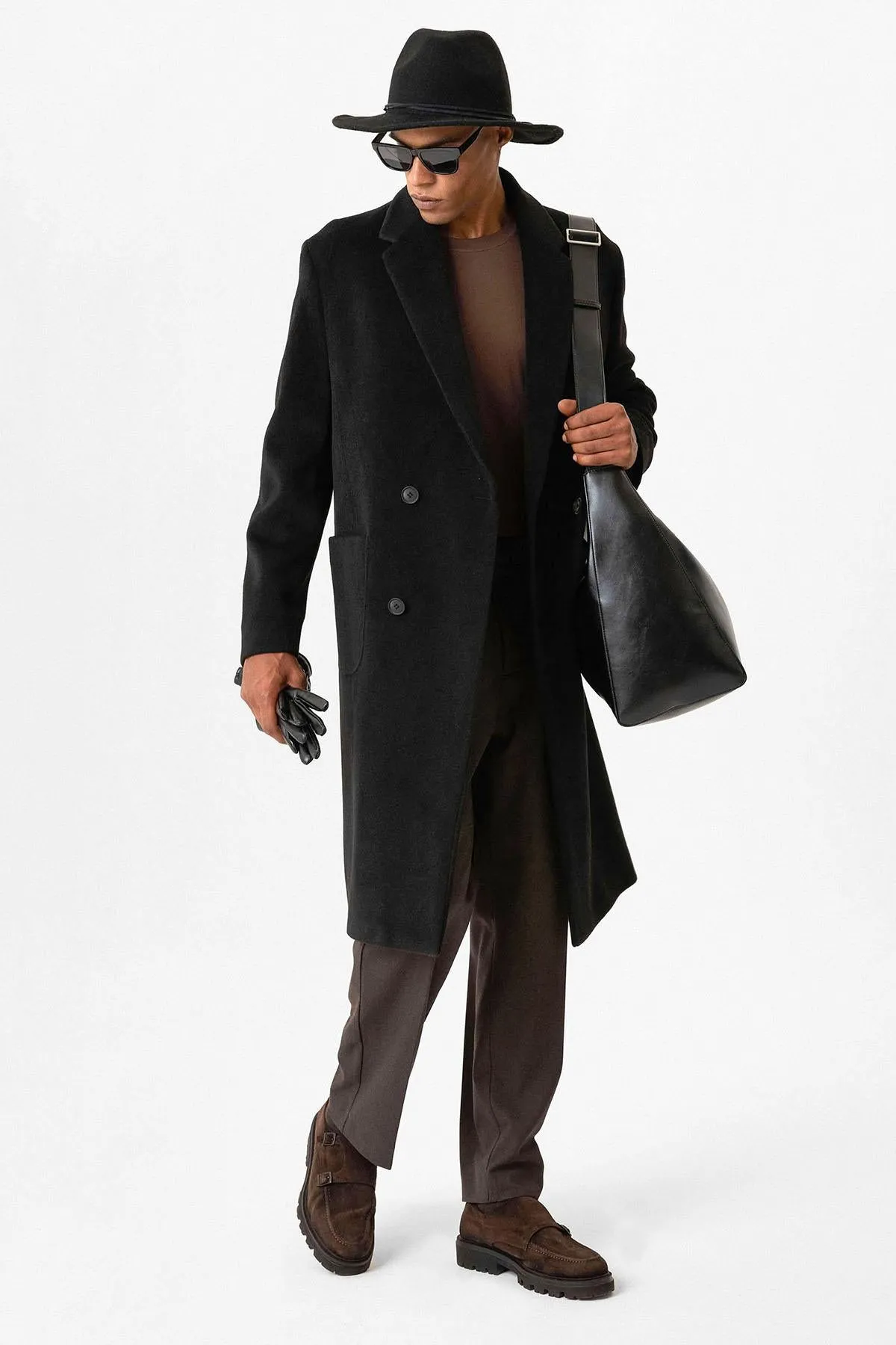 Black Textured Double-Breasted Men's Coat - Wessi