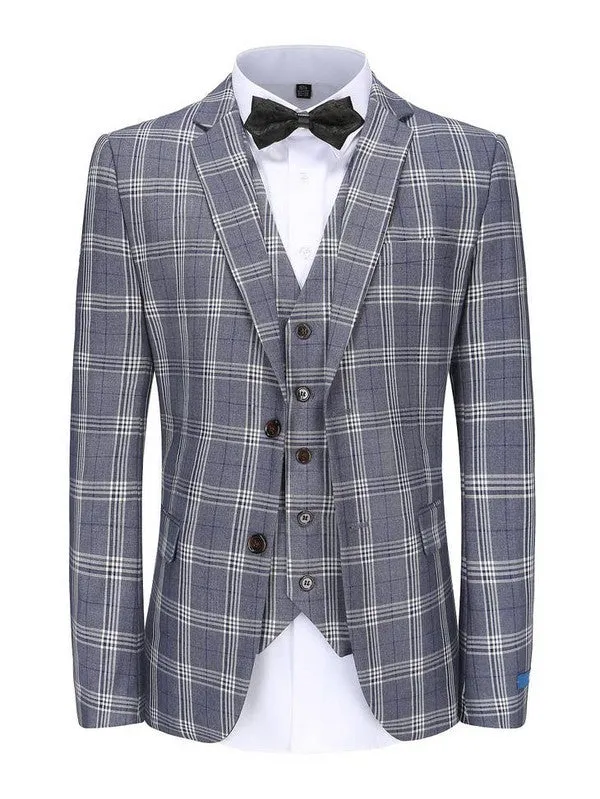 Blue Men's Slim-Fit 3PC Check Plaid Suit - Short