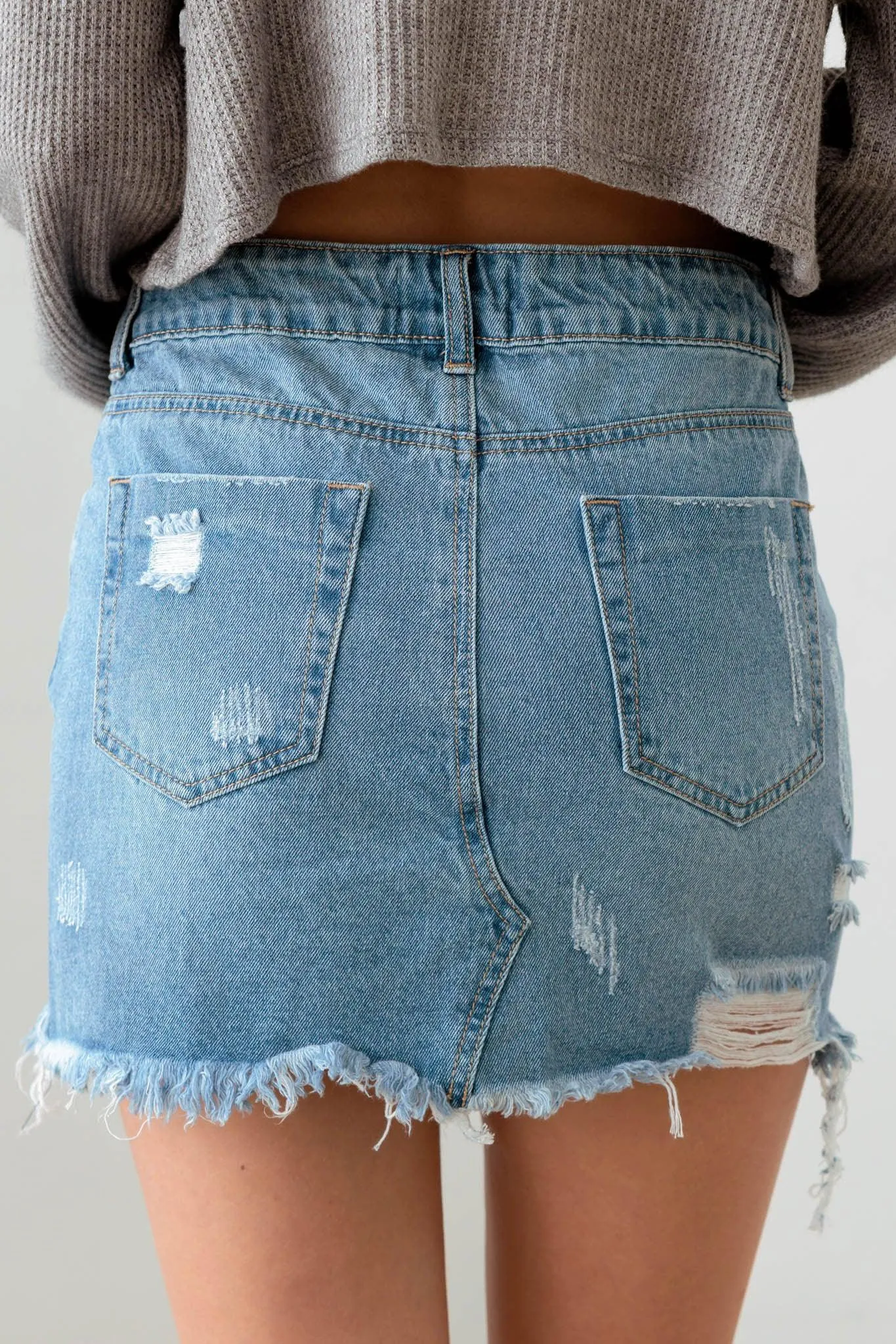 Blue Wash Distressed Ripped Denim Mini Skirt