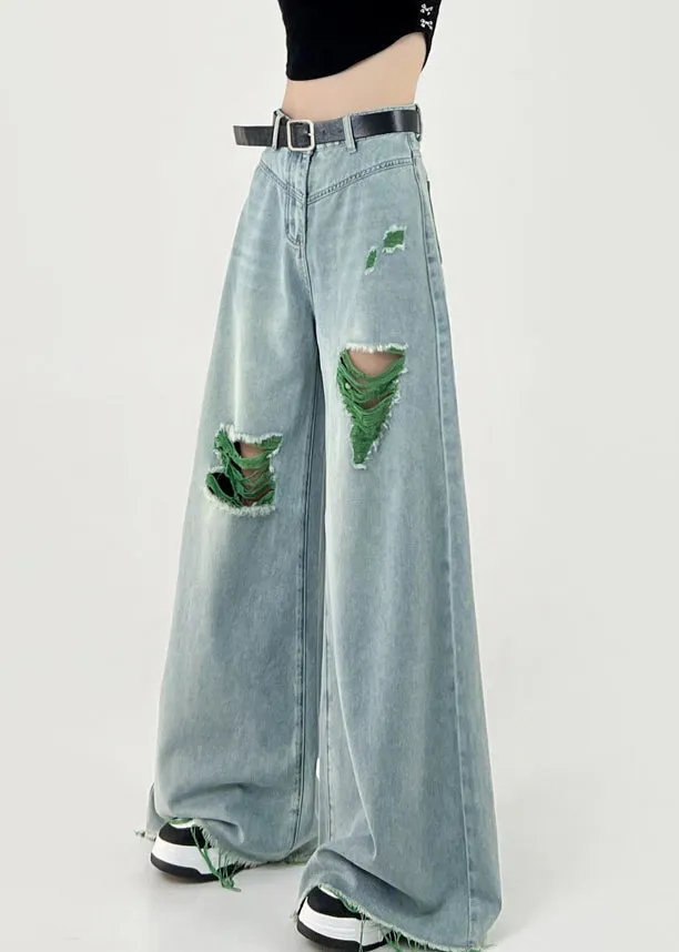 Boutique Pink Patchwork Ripped Denim Wide Leg Pants Fall RI006