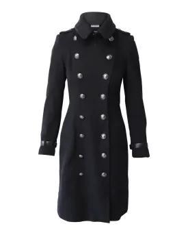 Burberry Double-Breasted Trench Coat with Leather Detail in Black Wool