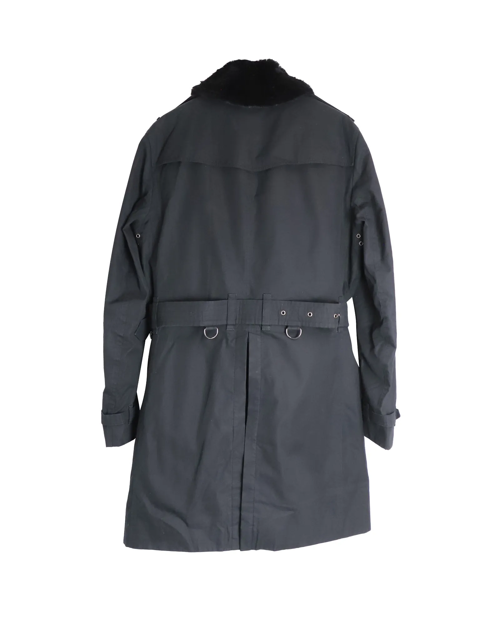 Burberry Fur-Trimmed Collar Double-Breasted Trench Coat in Black Cotton