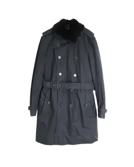 Burberry Fur-Trimmed Collar Double-Breasted Trench Coat in Black Cotton