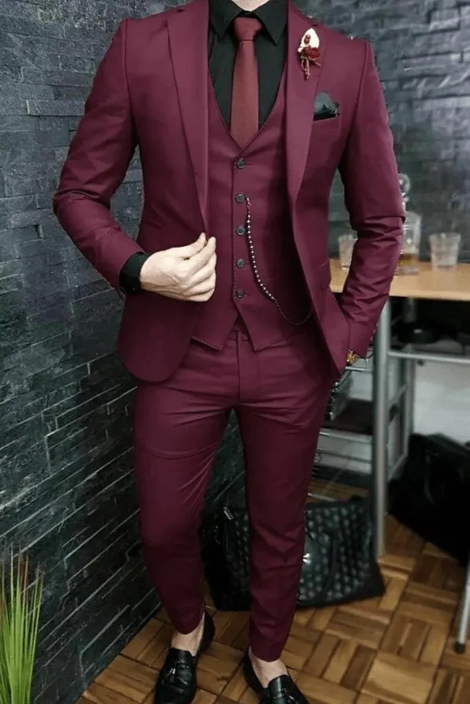 Burgundy 3 Piece Slim Fit Suit For Men Bespoke Tailoring