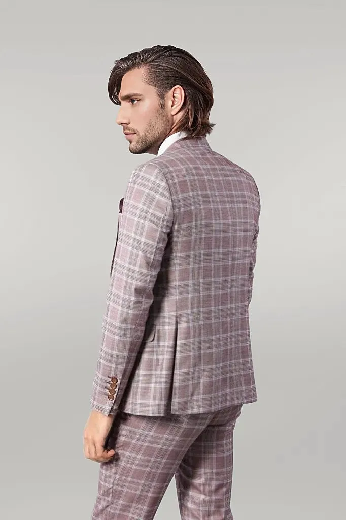 Burgundy Plaid Vested Slim Fit Italian Suit - Wessi