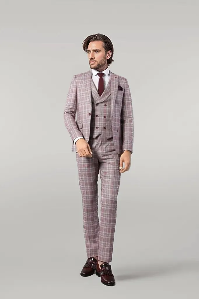 Burgundy Plaid Vested Slim Fit Italian Suit - Wessi