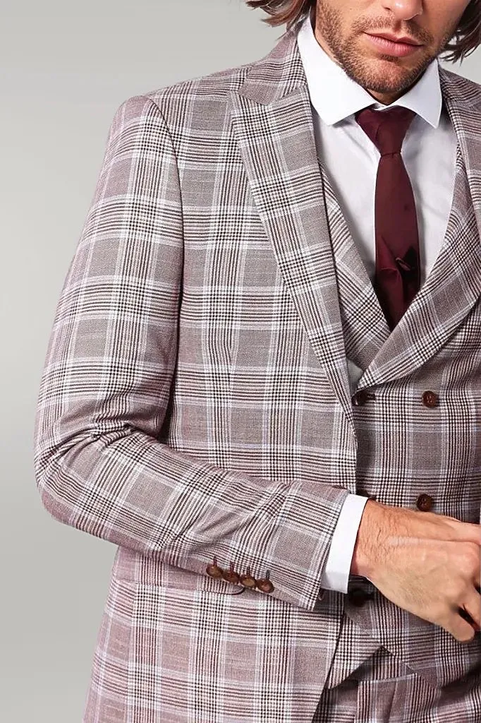 Burgundy Plaid Vested Slim Fit Italian Suit - Wessi