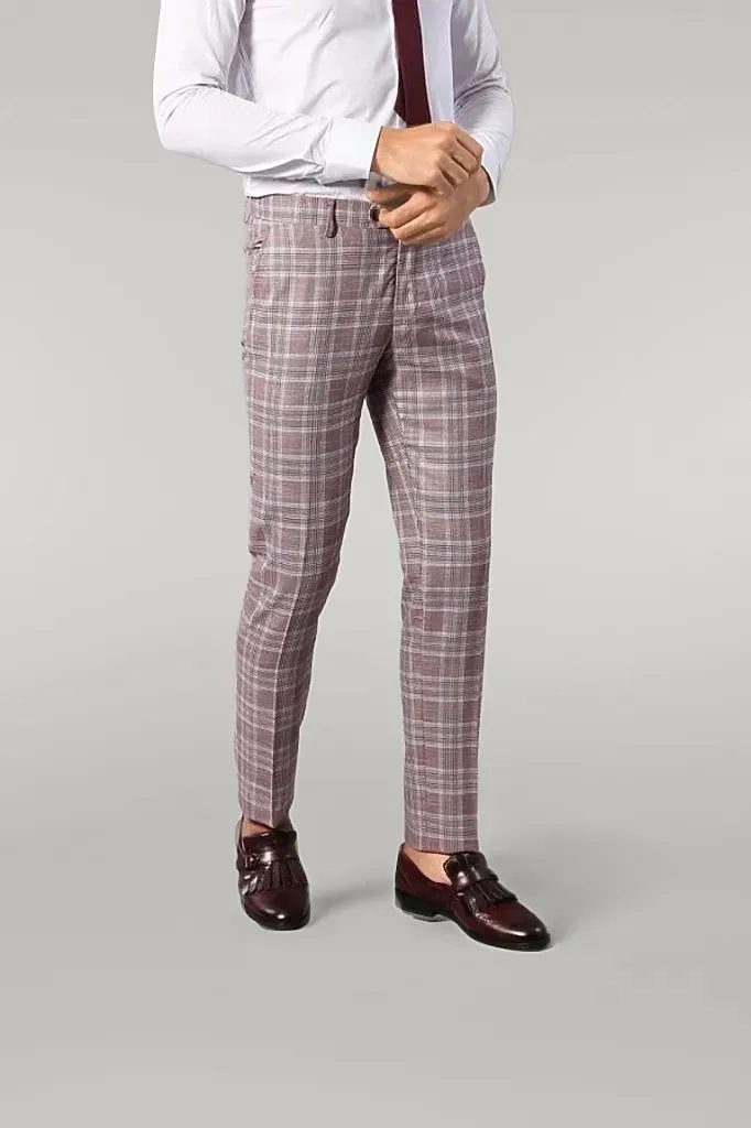 Burgundy Plaid Vested Slim Fit Italian Suit - Wessi