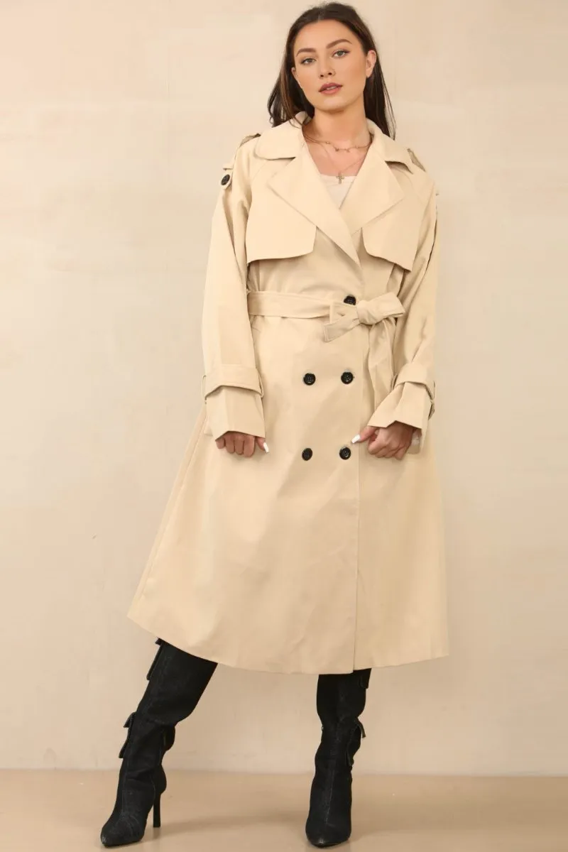 Camel Chic Waist Tie Double Breasted Trench Coat