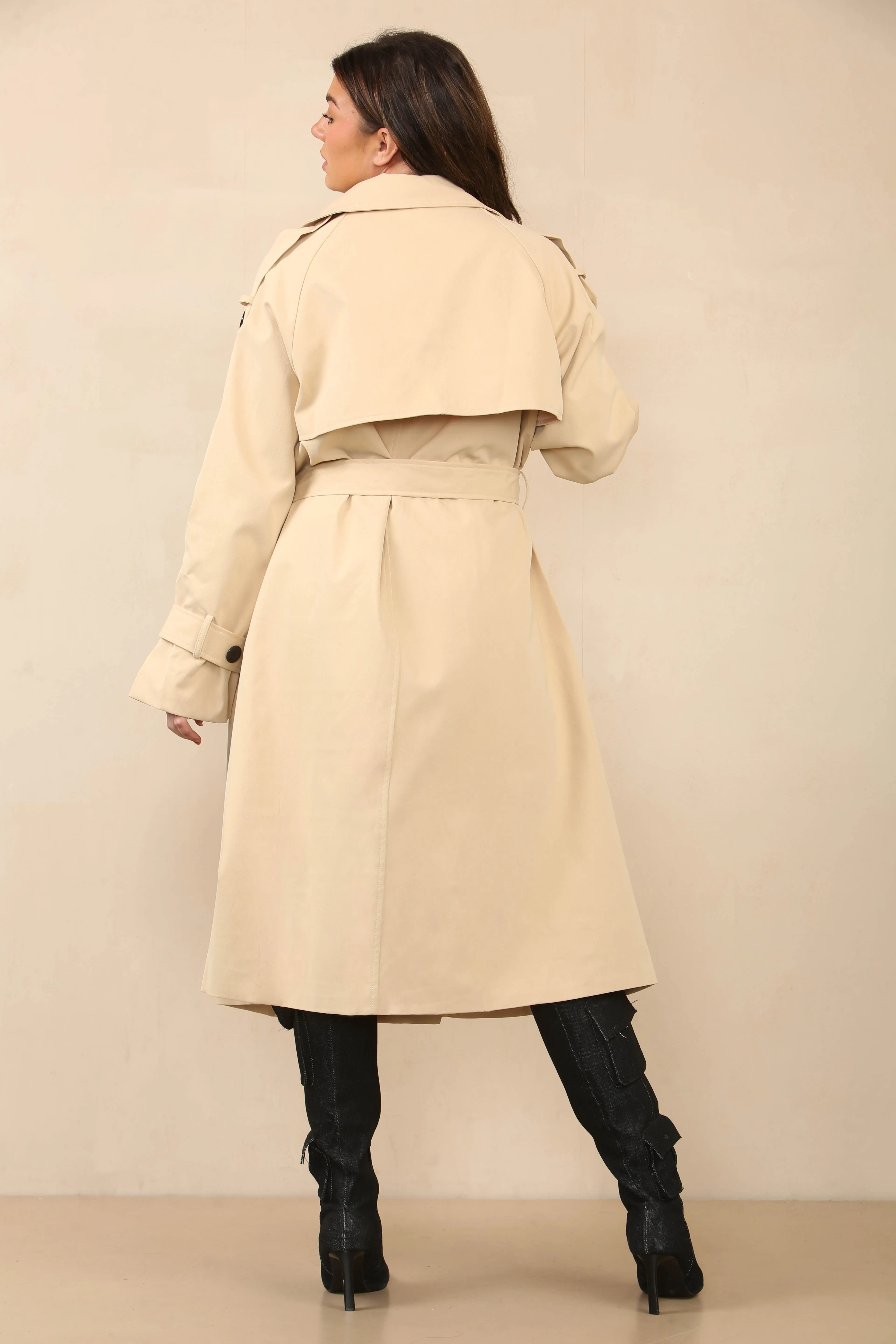 Camel Chic Waist Tie Double Breasted Trench Coat