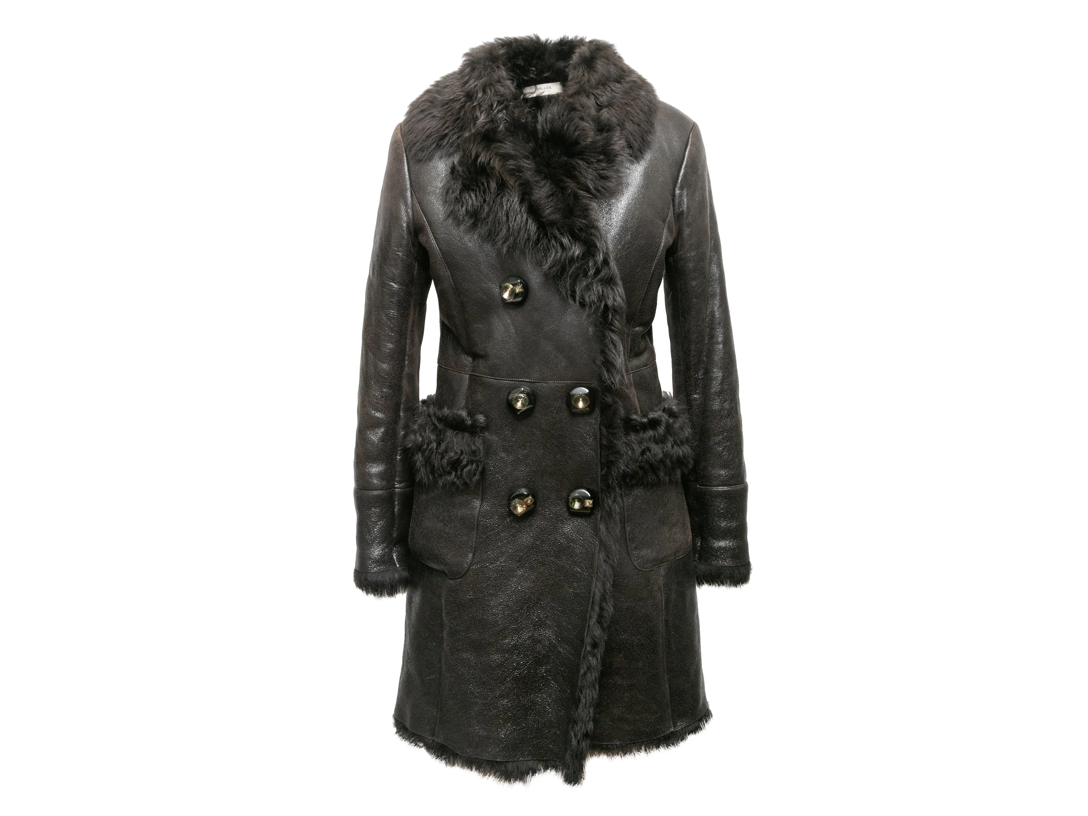 Charcoal Prada 2009 Patent Shearling Double-Breasted Coat Size IT 42