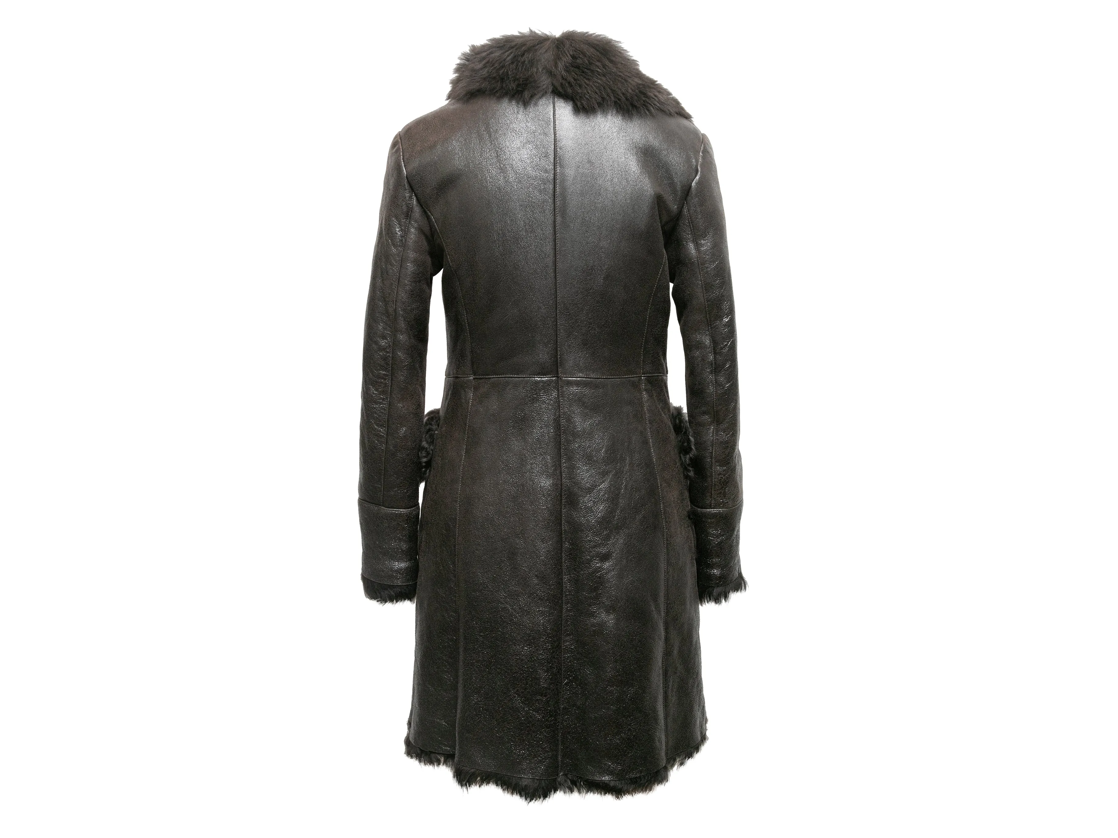 Charcoal Prada 2009 Patent Shearling Double-Breasted Coat Size IT 42