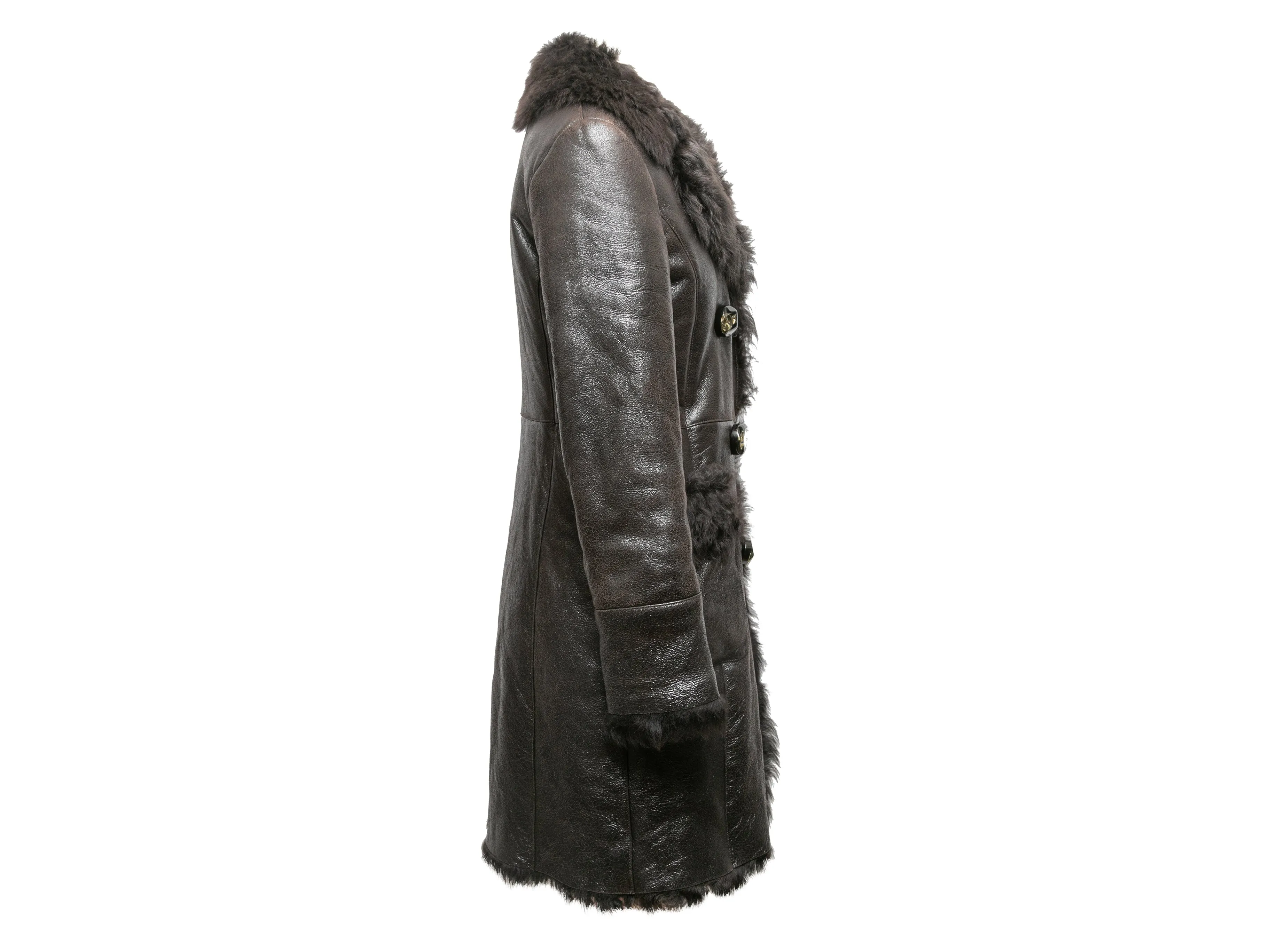 Charcoal Prada 2009 Patent Shearling Double-Breasted Coat Size IT 42