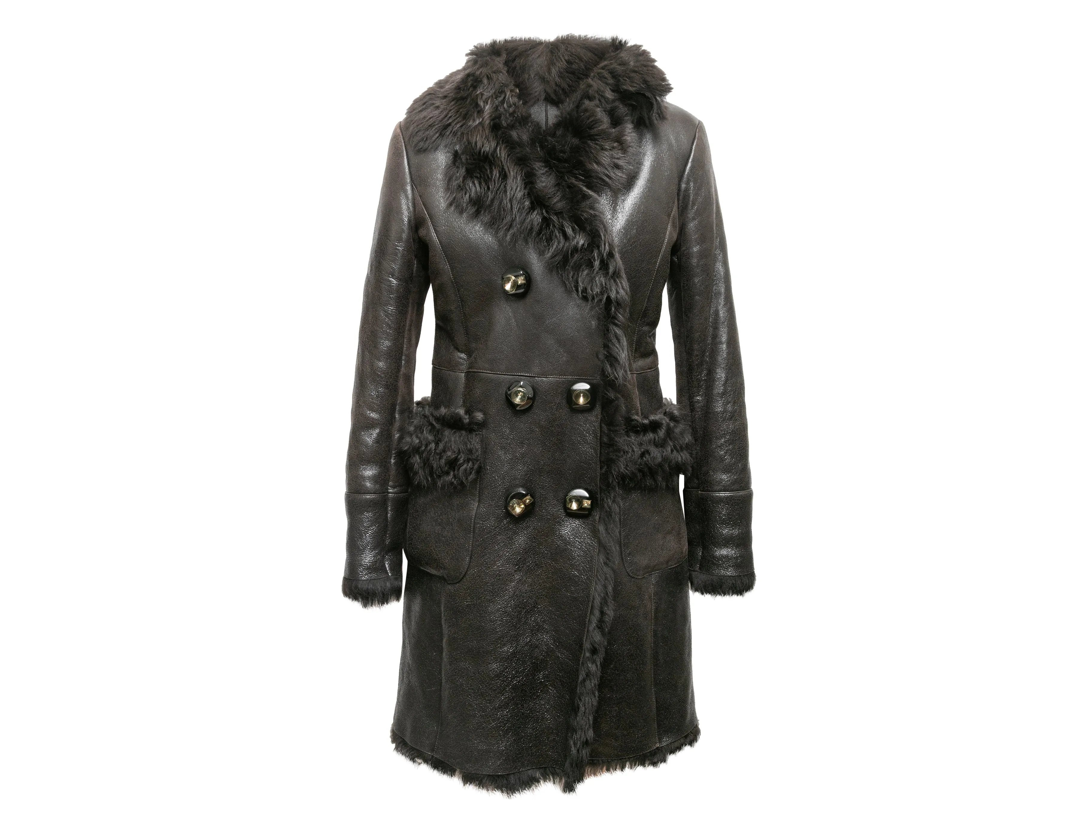 Charcoal Prada 2009 Patent Shearling Double-Breasted Coat Size IT 42