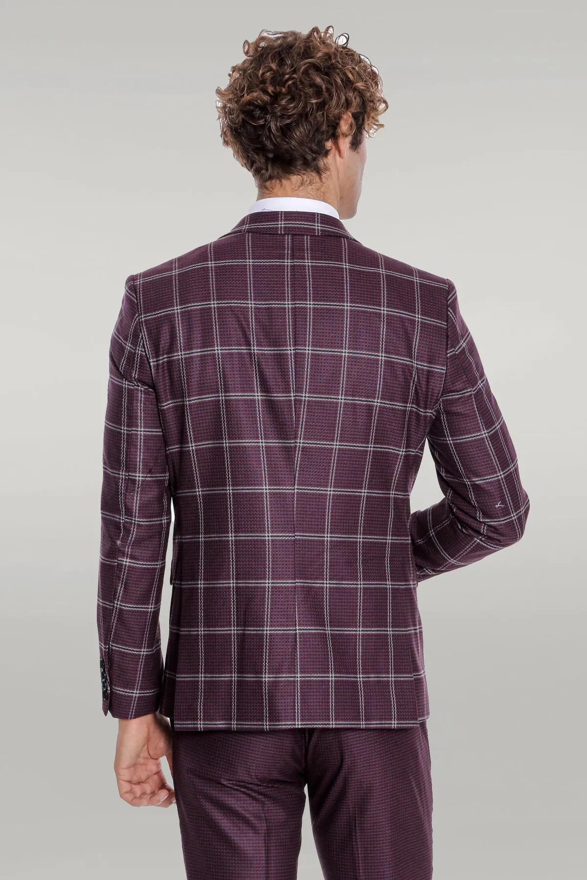 Checked Patterned Slim Fit Burgundy Men Suit - Wessi