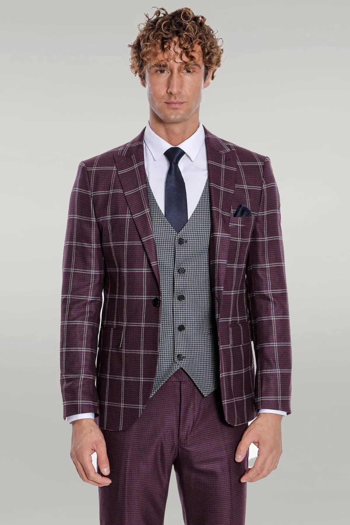 Checked Patterned Slim Fit Burgundy Men Suit - Wessi