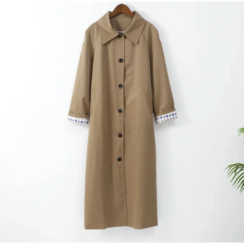 Chic Trench coat Plaid Lining Single Breasted long rain coat