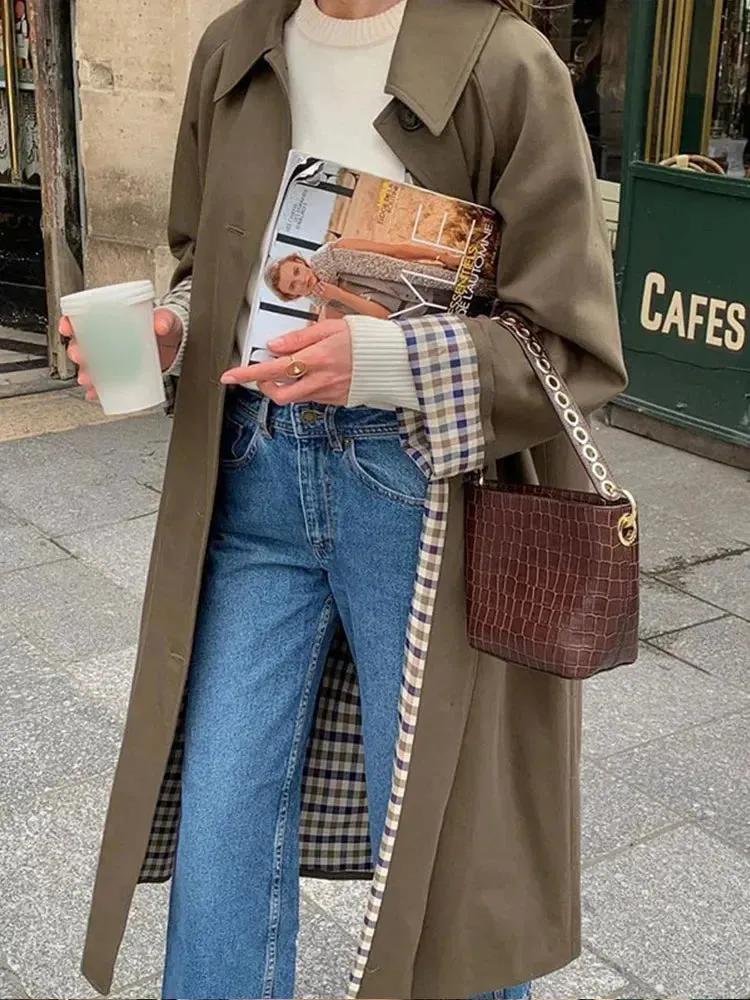 Chic Trench coat Plaid Lining Single Breasted long rain coat