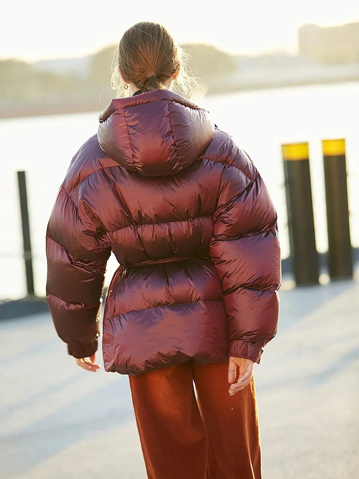 Claret Hooded Belted Down Puffer Jacket